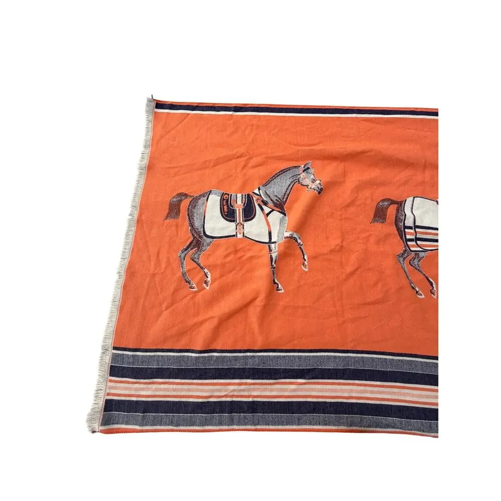 Horse Equestrian Pashmina Scarf - Orange/Blue/Beige